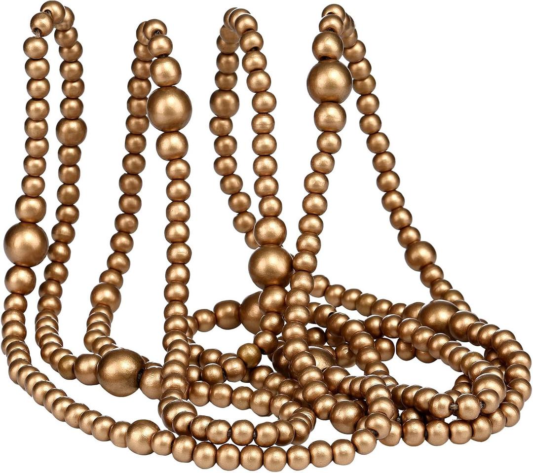 12 Feet Christmas Wooden Beads Garland Round Craft Farmhouse Vintage Wood Bead Garlands for Xmas Decoration Supplies (Gold)