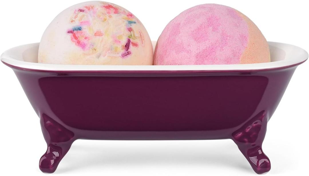 6.5" Ceramic Mini Decorative Clawfoot Bathtub Bar Soap Dish, Kitchen Sponge Holder and Shower Tray for Bathroom, 1 Pack (Burgundy)