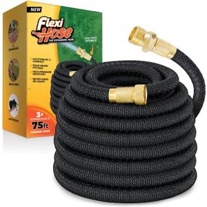 Flexi Hose Lightweight Expandable Garden Hose, 75FT -Retractable Garden Hose, Water Hose - No-Kink Flexibility, 3/4 Inch Solid Brass Fittings and Double Latex Core (Black)