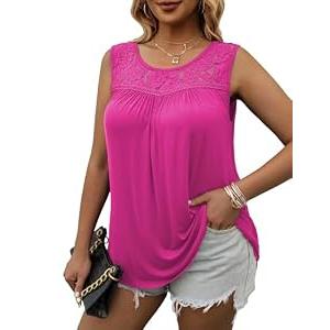 Ahlaray Women's Crewneck Lace Sleeveless Summer Casual Loose Tank Tops Basic Shirts, Rose, Large