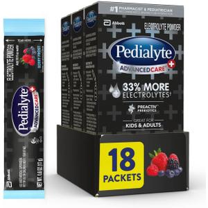 Pedialyte AdvancedCare Plus Electrolyte Powder, Has 33% More Electrolytes and PreActiv Prebiotics, Berry Frost, 18 Powder Packets (EXP 07/01/27)