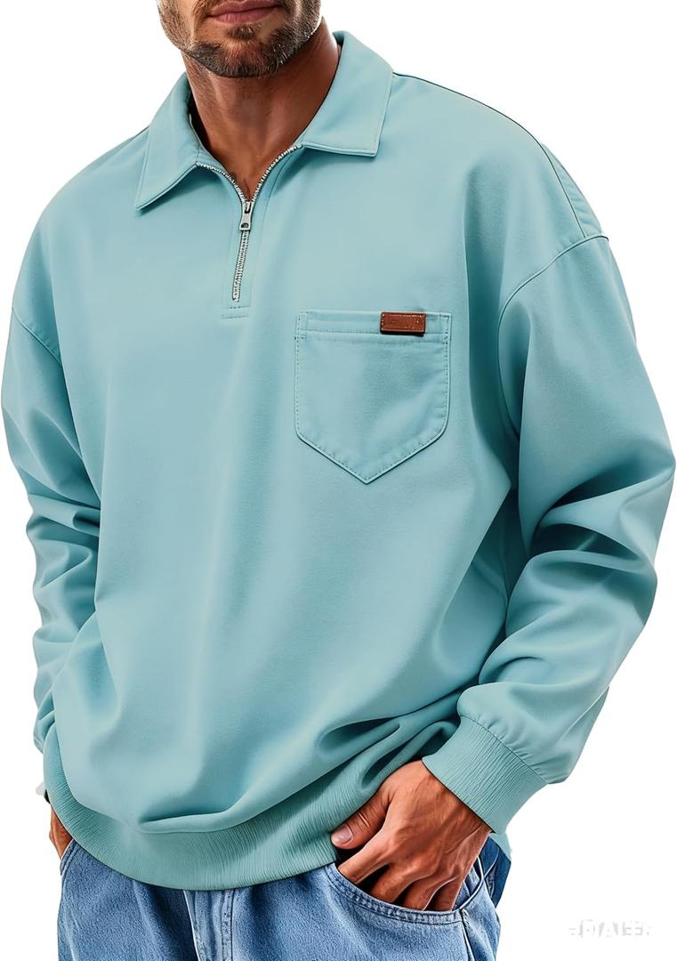 Yousify Men's Casual Quarter Zip Sweatshirt Lightweight Cotton Loose Fit Pullover Stylish Casual Polo Shirts with Pocket (X-Large, Blue)