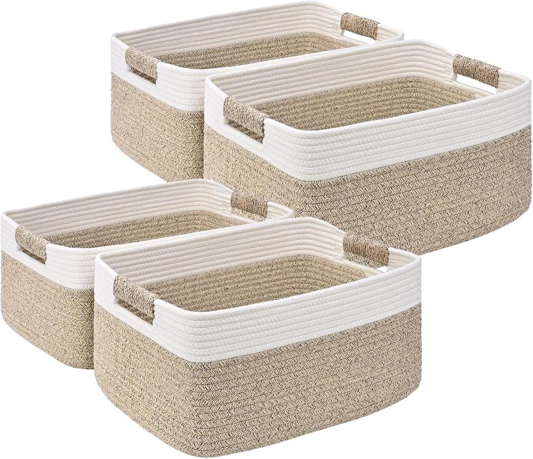 4 Pack Large Storage Basket for Organizing, 17.5"x13"x7" Woven Basket for Shelves, Closet Cube Storage Bins with Wrapped Handle, Cotton Rope Baskets for Kitchen, Clothes, Toys(Off White & Brown)