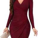 ihot Women's Glitter Party Dresses Sexy V Neck Long Sleeve Faux Wrap Ruched Bodycon Sparkly Night Club Dress, Large