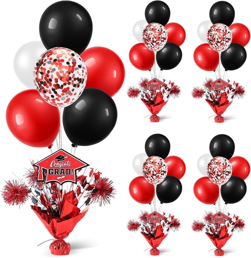 4 PCS Graduation Centerpieces for Tables Balloons Stand Holder Kit College Graduation Decorations 2025 Metallic Glitter Foil Balloon for Graduation Party Decorations (4, Red Black)