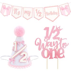 SuPoo 1/2 Birthday Banner and Princess Cone Hat Cake Topper Half Birthday Crown Glitter Bow Half Way to One Baby Girl Decorations 6 Month It is My 1/2 Birthday High Chair Banner Tiara Outfit