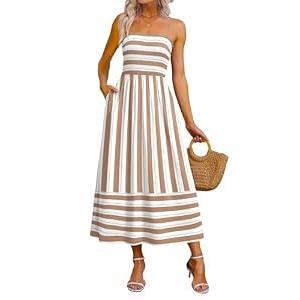 OFEEFAN Maxi Dress Spaghetti Strap Business Casual Spring Long Sundresses for Women Resort Wear Summer Clothes Beach Vacation Cruise Outfits Khaki Striped, L