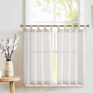 Jinchan Beige Kitchen Curtains 36 Inch Linen Tier Curtains Farmhouse Tab Top Small Window Drapes Flax Country Rustic Light Filtering for Bathroom Laundry Room RV 2 Panels Crude