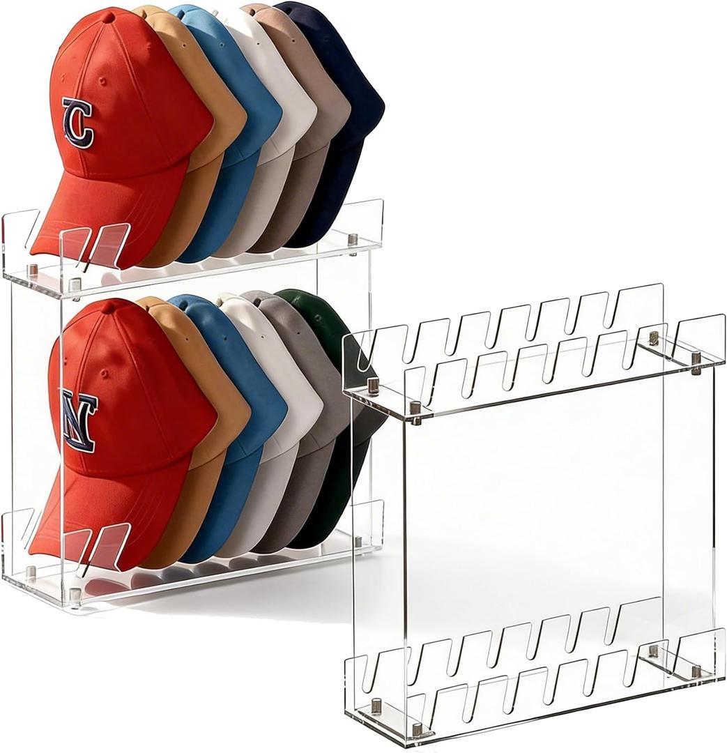 Happyseason 2 Pack 2-Tier Hat Organizer for Baseball Caps, Acrylic Baseball Cap Display Stand, Hat Rack Two Levels, Hat Organizer Shelf for Closet, Hat Holder Holds 28 Caps