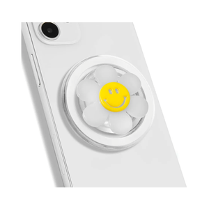 Magnetic Luminous Smiley Flower Mobile Phone Grip: Swappable & Collapsible Grip for Phones & Tablets (White)
