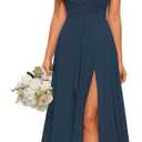 One Shoulder Bridesmaid Dresses for Women Chiffon Ruffles Pleated Long Formal Evening Gown with Slit (Blue), Size: 12