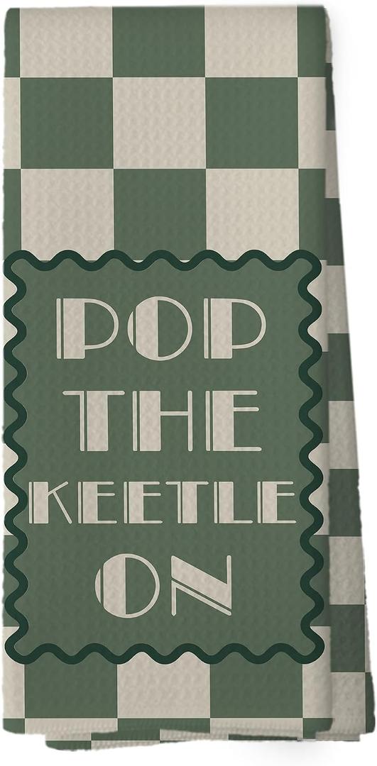 Sage Green Funny Kitchen Towels - Tea Lover Gifts for Women Dish Towels, Pop The Kettle On Green Checkered Decorative Absorbent Dishcloths Hand Towel for Kitchen Decor 16x24 Inches