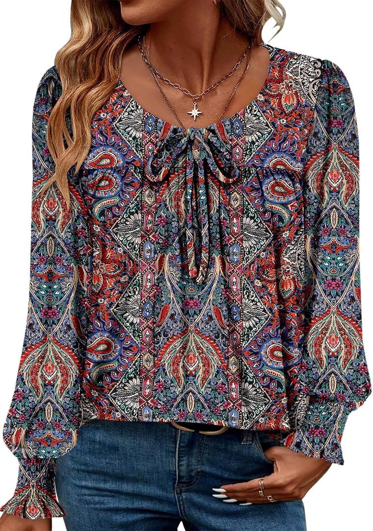 Magritta Womens Long Sleeve Tops 2025 Fall Keyhole-Tie Neck Pleated Tunic Blouses Dressy Casual Business Shirts (Medium, A3totem)