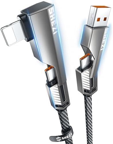 SHEZI 4-in-1 USB C Cable 3FT Compatible with Lightning Cable 90 Degree, [Fast Charging&Data Transfer] Flat Nylon Braided Charger Cord Combo, USB A/C to C/L Multi Charge Cable for iPhone/iPad