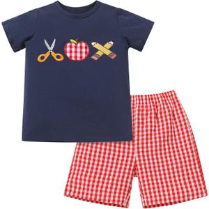 OBEEII Back to School Outfit Toddler Boy Short Sleeve Graphic Shirt Gingham Shorts First Day of School Summer Clothing Set