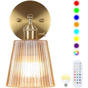 Battery Operated Wall Sconce,Vintage Battery Wall Light With Remote Dimmable Wireless Wall Sconces With Glass Lampshade Rechargeable, Led Wall Lamp Fixtures For Bedroom, Living Room (Stripe Amber)