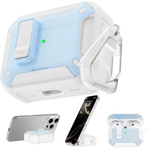 RFUNGUANGO Compatible with Airpods Pro Case 2nd / 1st Generation Protective Case, Compatible with MagSafe, with Cleaning Kit & Keychain,Phone Stand,Magnetic Automatic Lock, Visible LED, White-Blue