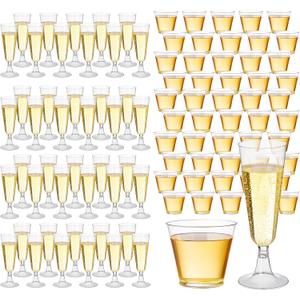 Potchen 160 Pack Champagne Flute and Clear Plastic Cup, 60 Pcs 5 oz Champagne Wine Glasses Disposable 100 Pcs 9 oz Hard Drinking Cups Bulk for Engagement Birthday New Years Eve Party