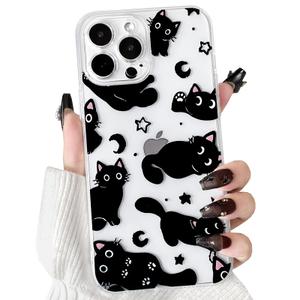 NITITOP Compatible with iPhone 14 Pro Max Case Clear Cute Stylish Cats Moon Star Pattern for Girls Women Soft TPU Transparent Shockproof Protective Phone Cover - Black