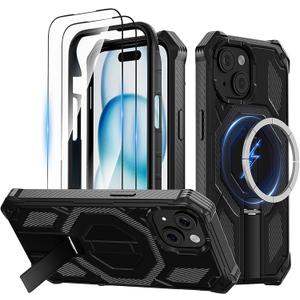 for iPhone 15 Magnetic Case with Stand & Screen Protector [Compatible with MagSafe] Non Slip Full Body Double Layer Heavy Duty Military Grade Shockproof Protection Cover, Black