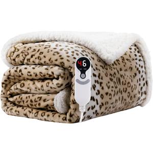 Electric Heated Blanket Twin Size 62"x84" - Microplush & Sherpa Fabric Dual-Sided, 9 Heat Settings & 10 Hours Auto Off, Cozy Warming Throw for Office or Bed, Machine Washable, Beige Leopard Print