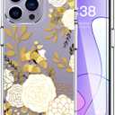 LUHOURI for iPhone 15 Pro Case with Screen Protector - Crystal Acrylic Clear - Fashionable Designs for Women and Girls - Slim Fit Shockproof Protective Phone Cover 6.1", Champagne Floral Flower