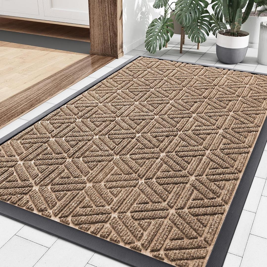 Smiry Front Door Mat Outside Entrance, Heavy Duty Sturdy Natural Rubber Doormat, Trap Dirt and Moisture, Easy Clean Low Profile Mats for Indoor Outdoor Entry, Grid Geometric (35x23, Coffee)