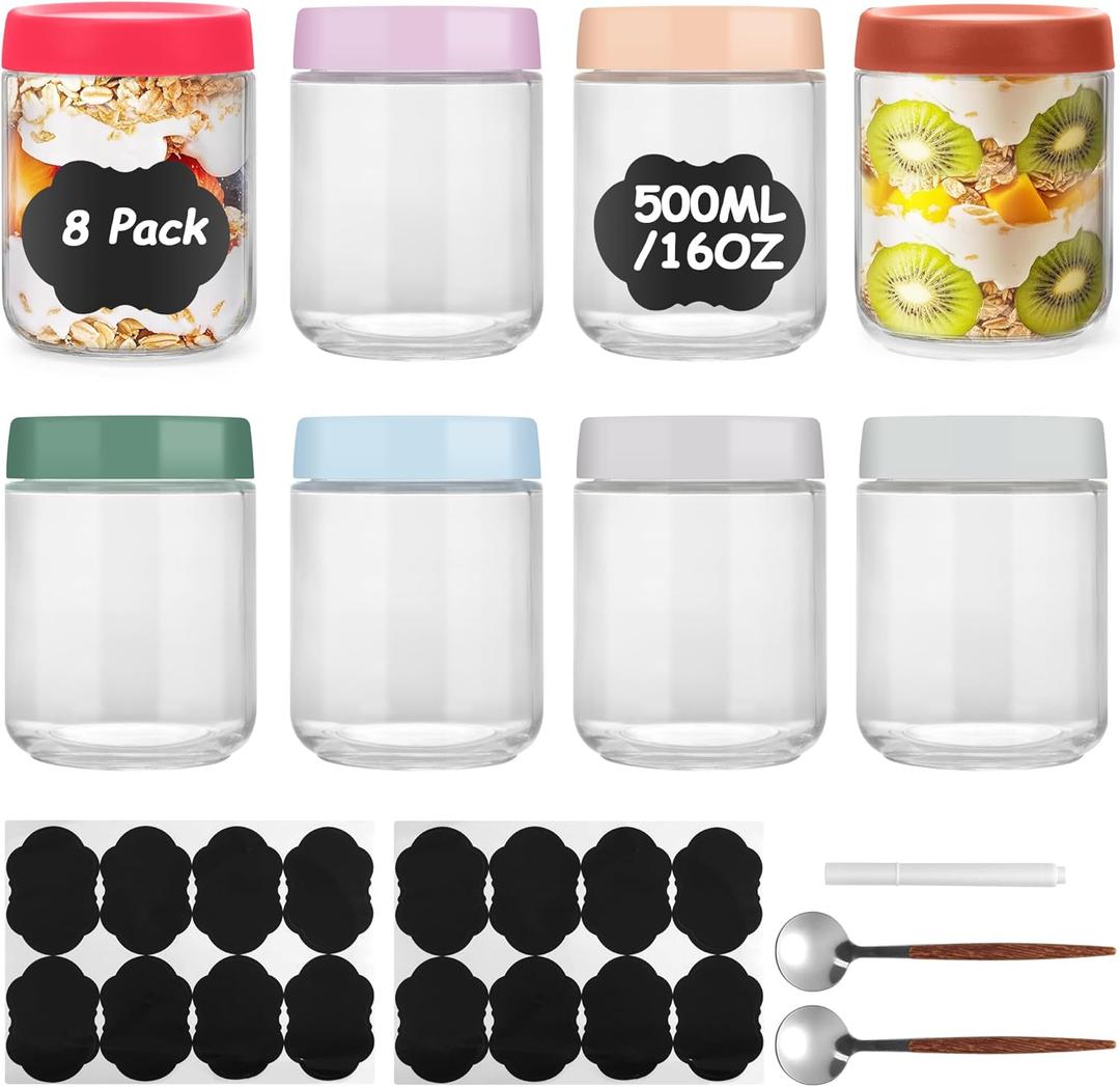 Lulonpon 8 Pieces 16 oz Overnight Oats Containers with Lids, Glass Storage Containers with Airtight Lids, Glass Overnight Oat Jars, Wide Mouth Snack Oats Jars, Jar for Salad Yogurt Spice (Multicolor)