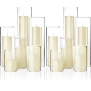 Shihanee Set of 12 Pillar Candles and Glass Cylinder Vases Assorted Sizes Clear Cylinder Holders for Pillar Candles Home Table Centerpieces Wedding Party Decorations (Multiple Sizes,Ivory)