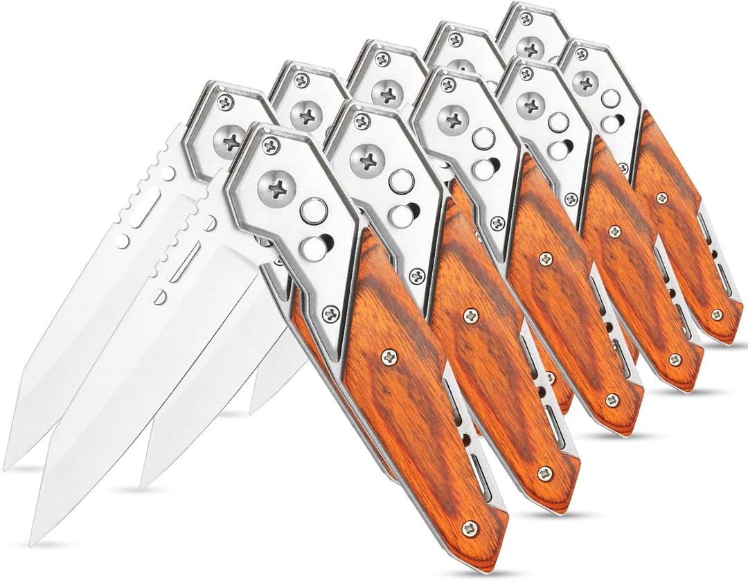 Folding Pocket Knife Set for Men Camping Knife -10PACK - Wooden Handle - Father's Day Gift