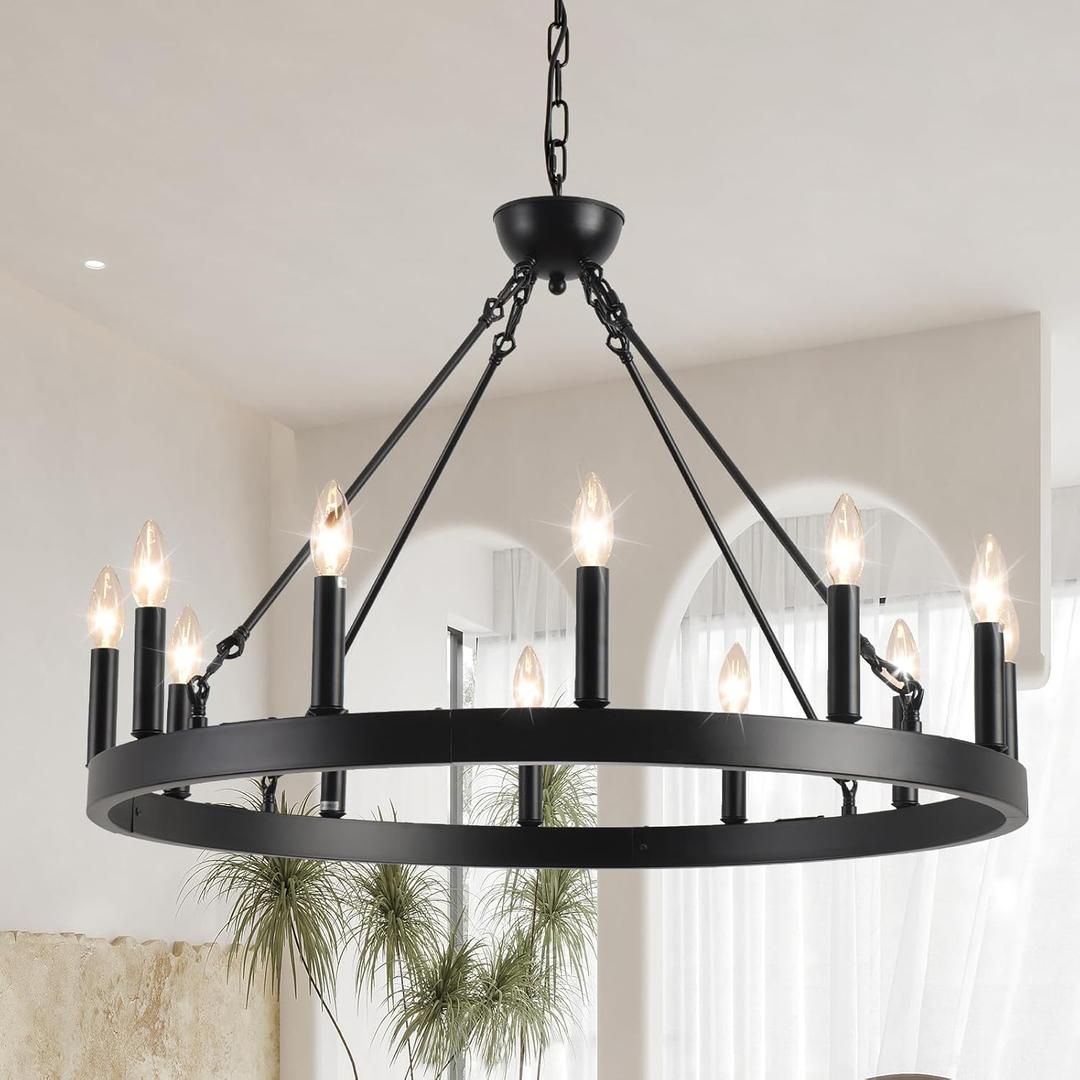 Wagon Wheel Chandelier 32" 12-Light, Round Black Chandeliers Farmhouse Modern Wagon Wheel Light Fixtures, for High Ceiling Dining Living Room, Foyer, Entryway
