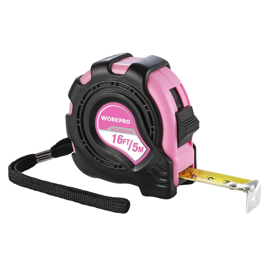 WORKPRO 16FT Pink Tape Measure, Inch/Metric Easy Read Measuring Tape, Retractable Lightweight Measurement Tape Accuracy 1/32, 1mm for Engineer,with Thumb Lock, Belt Clip, Rubber Protective Casing