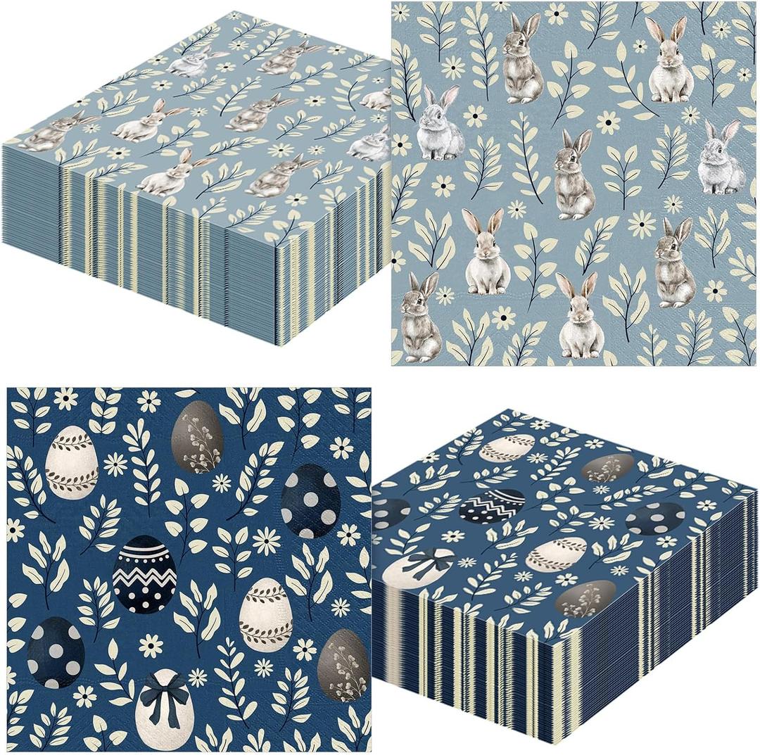 100Pcs Bunny Paper Napkins Easter Disposable Napkins Blue White Rabbit Cocktail Napkin for Decoupage Easter Birthday Party Tableware Supplies Decor, 6.5 x 6.5 Inch