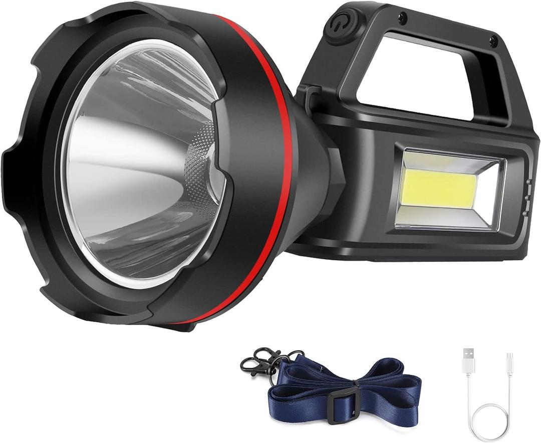 Rechargeable Spotlight Flashlight, High Lumens Handheld Spotlight,LED Searchlight with Shoulder Strap and USB Output for During Hurricane,Emergency, Storms, Outages,Hunting , Hiking, Camping(Black1)