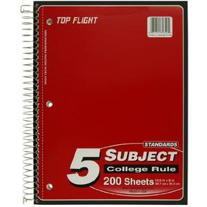 Top Flight Standards 5-Subject Wirebound Notebook, 200 Sheets, 3-Hole Punched, College Rule, 10.5 x 8 Inches, 1 Notebook, Color May Vary (31820)