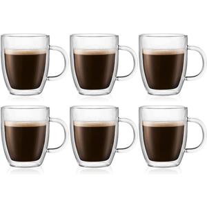 Bodum 10oz Bistro Double Wall Insulated Mug, High-Heat Borosilicate Glass, Set of 6, Clear