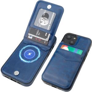 KIHUWEY for iPhone 13 Case Wallet Compatible with MagSafe Wireless Charging, Credit Card Holder, RFID Flip Leather Magnetic Clasp Kickstand Heavy Duty Protective Cover 6.1 Inch (Blue)