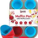 Boxiki Kitchen Non-Stick Steel 6 Cup Muffin Pan with Silicone Handles and Reusable Liners - Perfect for Baking Large Muffins and Cupcakes