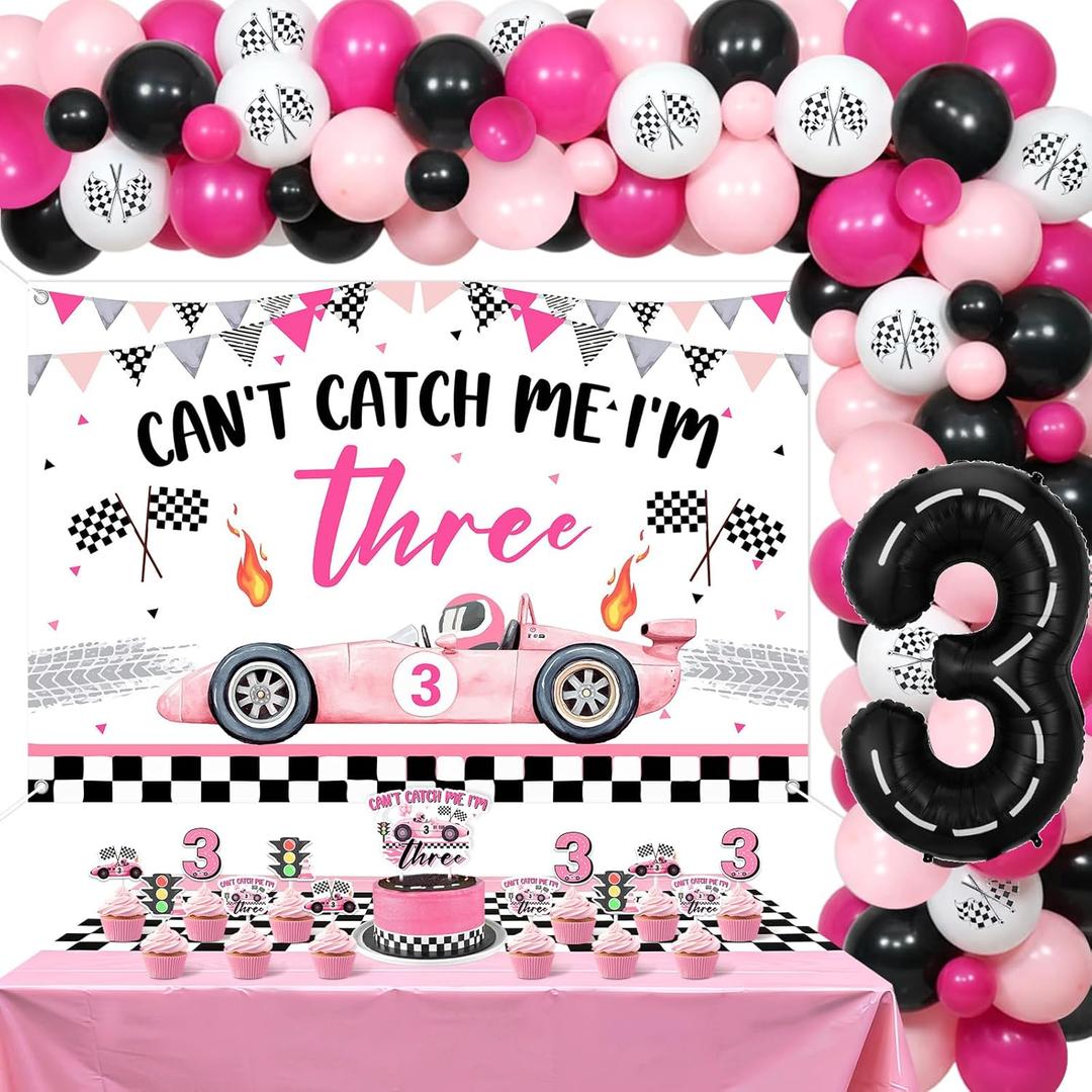 Race Car 3rd Birthday Party Decor for Girls Can't Catch Me I'm Three Backdrop Banner Pink Checkered Tablecloth, Balloons, Cake Toppers Pink Racing Party Kit for Girl Celebration