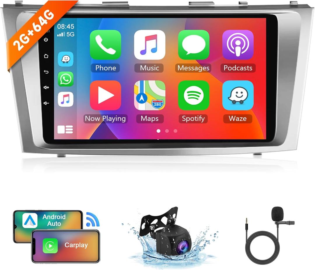 8 Core 2+64G Android Car Radio Stereo for Toyota Camry 2006-2011 with Wireless Carplay Android Auto, 9'' Touchscreen Head Unit with Bluetooth GPS Mirror Link WiFi FM/RDS DSP AHD Backup Camera SWC