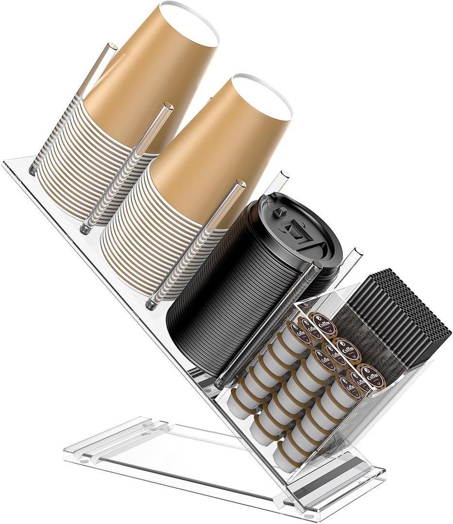 Acrylic Cup and Lid Holder with Straw Organizer, Adjustable Coffee Cup Holder Organizer, 5 Compartment Cup Dispenser for Disposable Paper & Plastic Cups, for Station Home Countertop(Patent in Effect)