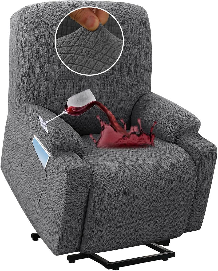 H.VERSAILTEX 100% Waterproof Stretch Recliner Cover 1 Piece Electric Power Lift Recliner Chair Slipcovers Furniture Protector Couch Soft with Elastic Bottom, Medium,Grey