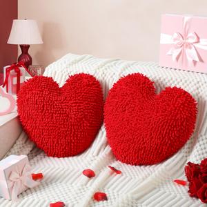 2 Pcs Heart Shaped Pillow 14 Inch Heart Chenille Pillow Cushion Plush Soft Throw Cushion with Removable Cover for Sofa Couch Bed Women Girls Gifts(Red)