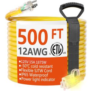HUANCHAIN 500 ft Outdoor Extension Cord Waterproof 12/3 Gauge Heavy Duty with Lighted end, Flexible Cold-Resistant 3 Prong Electric Cord Outside, 15Amp 1875W 12AWG SJTW, Yellow, ETL