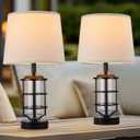Outdoor Table Lamps Set of 2, Farmhouse Lamps for Patio Table Decor with Cord, Rustic Table Lights With Seeded Glass, 23.5" Plug-in Outdoor Lamps for Patio Waterproof, LED Bulbs Included (Black)