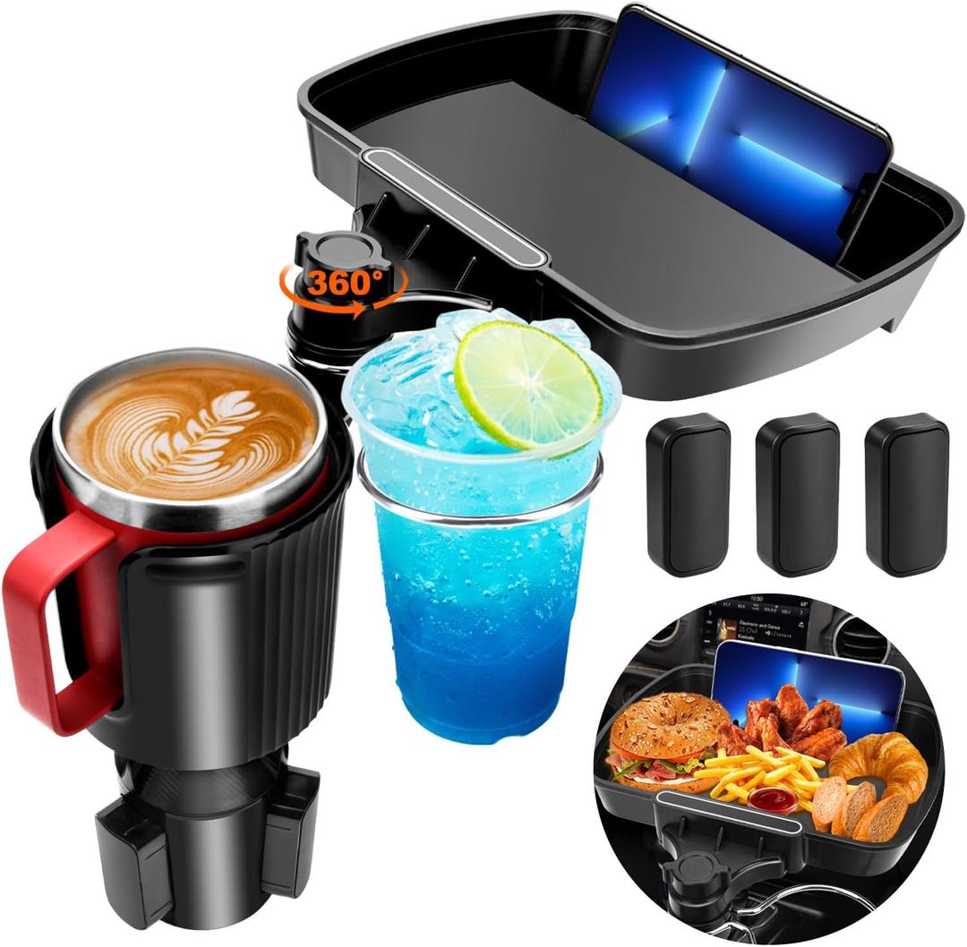 Cup Holder Tray for Car, 360 Rotating Car Tray, Car Food Table Tray for Eating with Solid Base & Phone Slot, Car Cup Holder Expander for Road Trip Essentials for Adults, ATCT-8