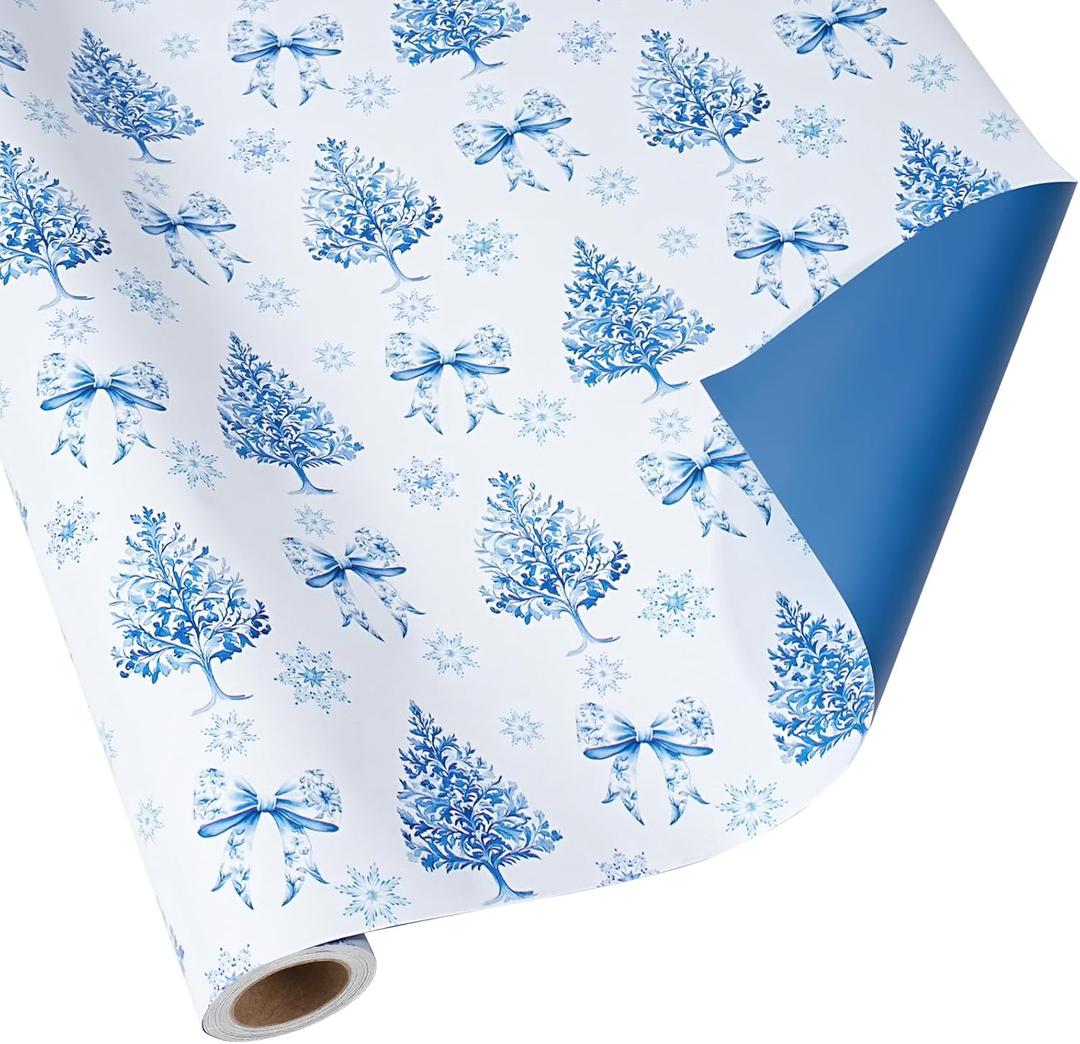 BIOBROWN Reversible Christmas Wrapping Paper - 17 Inch X 33 Feet (46.7 sq. ft. ttl.) - Holiday Trees and Bow Design Perfect for Xmas, Party, Holiday Gift Wrap (1 roll (Pack of 1))
