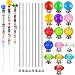 Zonon 16 Pack DIY Garden Beaded Stakes Wands Kit 16 Pcs 8/32 Inch 4mm 12 Inch Threaded Rod 16 Pcs 4mm Hex Nuts and 16 Diamond Tops Stainless Steel Decorative Garden Stakes, 16 Styles