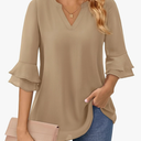 Flutter 3/4 Length Sleeve Womens Tops Dressy Casual Chiffon Blouse Double Layer Business Work Tunic Shirts, L