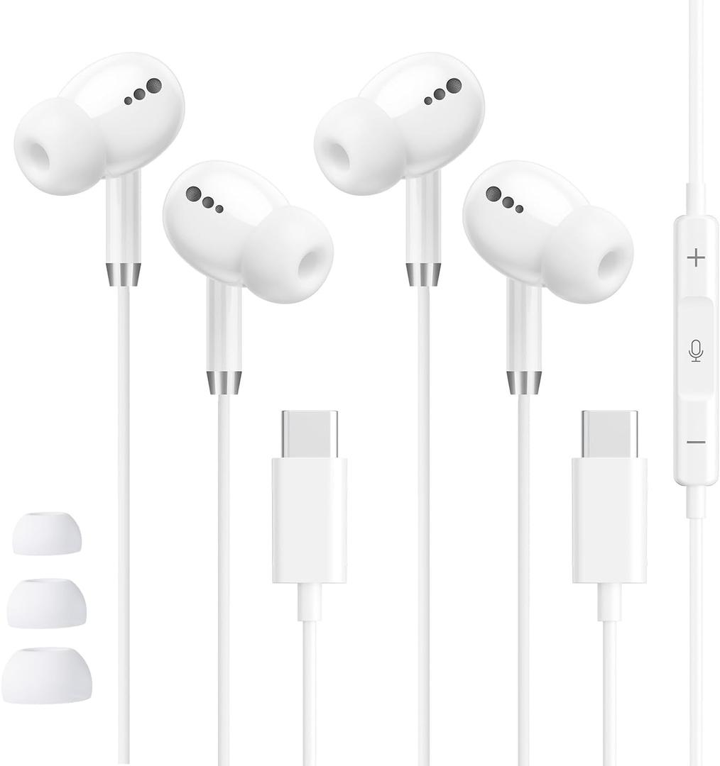 USB C Headphones for iPhone 17 16 15, Wired Earbuds with Mic & Remote Control, Nosie Cancelling for Apple Headphones with 3 Size Tips, Type C Earphones for Android, Galaxy S25 S24, Pixel 9, 2 Pack